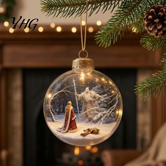 Seasonal Home Decor Accessories Christmas 3D Faux Crystal Ball Hanging Ornaments with Warm LED Miniature Winter Scene Lights, Luminous Tree