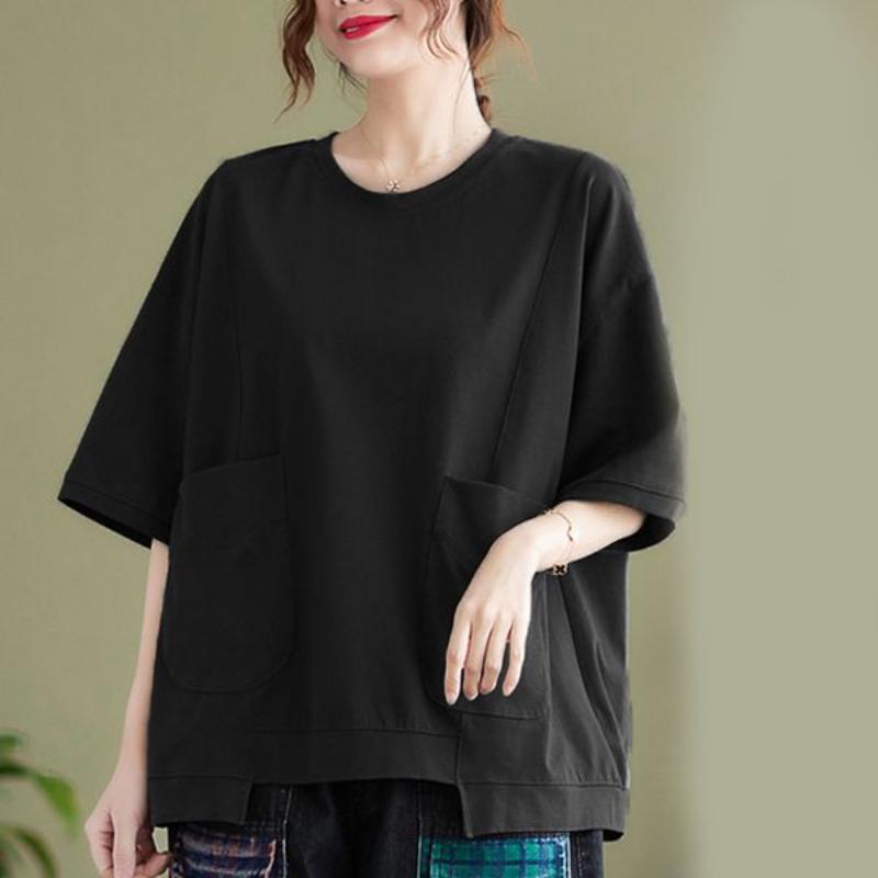 

Женская черная свободная футболка с круглым вырезом, коротким рукавом и карманом, асимметричным низом, повседневный топ L чёрный