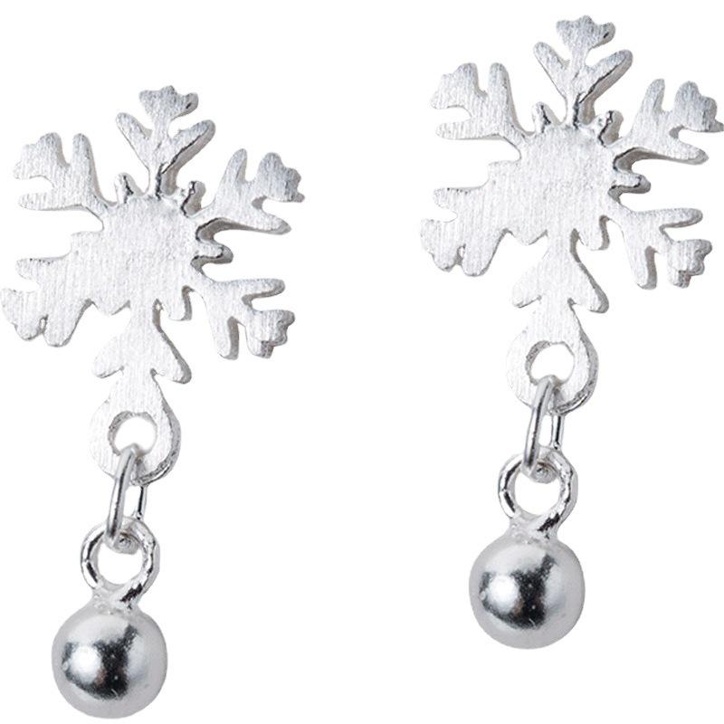 Snowflake Silver Plated Stud Earrings - Korean Mori Style, Light Bead Design, Perfect for Christmas