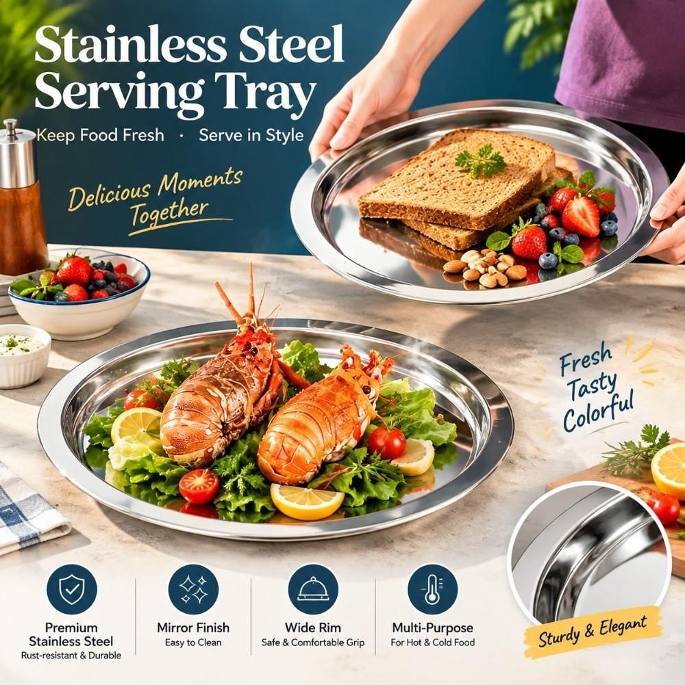 Stainless Steel Round Plate Shallow Tray Rustproof Breakfast Serving Tray  Restaurant