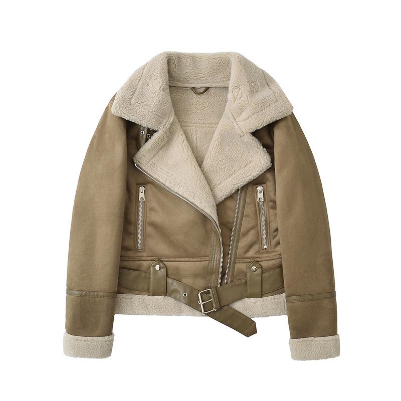 

European American Style Women s Double-Sided Fur-Lined Windproof Lambswool Motorcycle Jacket S темного кольору хакі