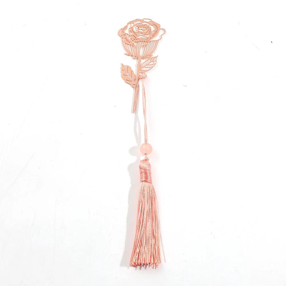 

Pink Flower Metal Hollow Bookmarks With Tassel Pendant Apricot Leaf Lotus Rose Bookmark Gifts For Teachers Friends Book Lovers Яскраво-рожевий