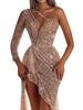 2021 Autumn Winter Women's Sexy Gold Splatter One-Shoulder Bodycon Evening Gown