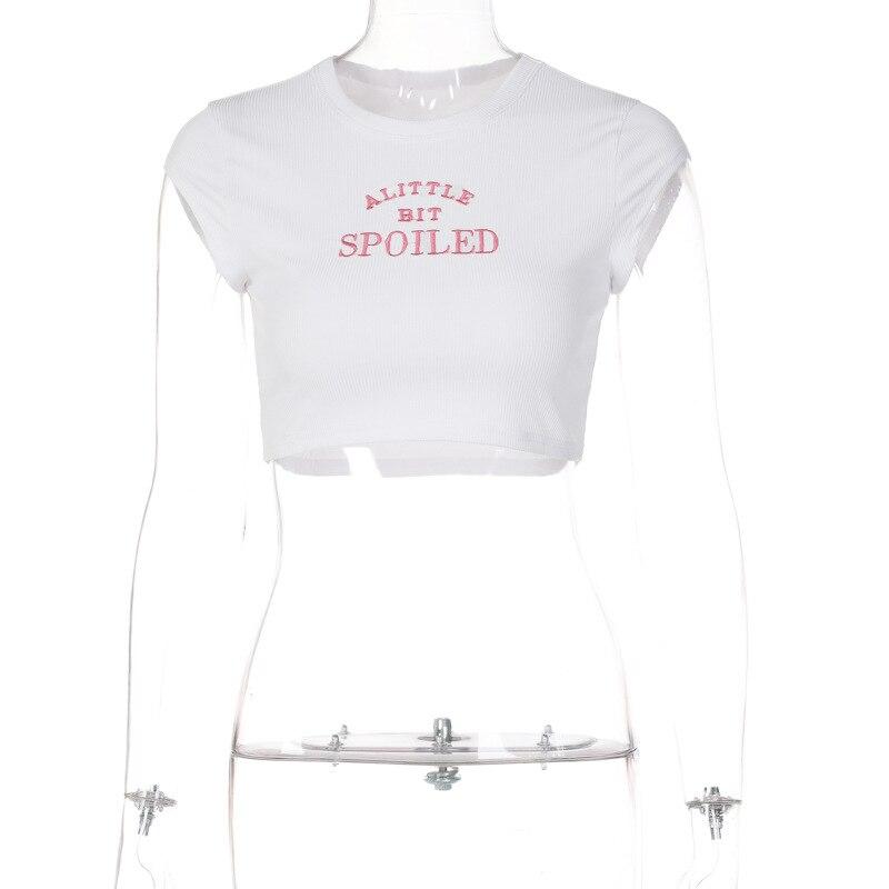 

Y2K Aesthetics, милые розовые детские футболки с вышивкой букв, винтажные футболки с короткими рукавами в рубчик 2000-х годов, белые укороченные топы S белый