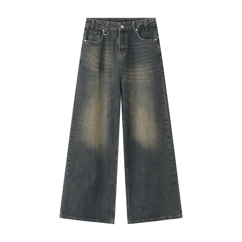 Unisex Four Season Vintage Hong Kong Style Distressed Loose Wide Leg Mop Jeans