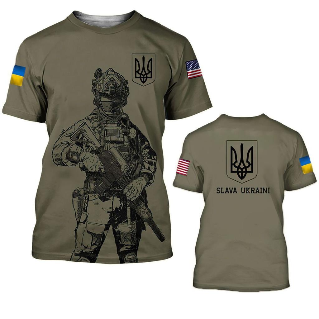 Ukraine Patriotic Soldier Graphic T-Shirt with Camo Sleeves