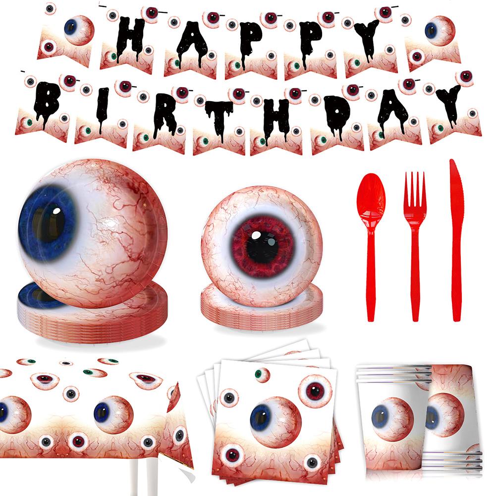 Halloween Eyeball Theme Party Supplies Set Scary Disposable Tableware Kit Plates/Napkins/Banner/Tablecloth Decor All-in-One Pack