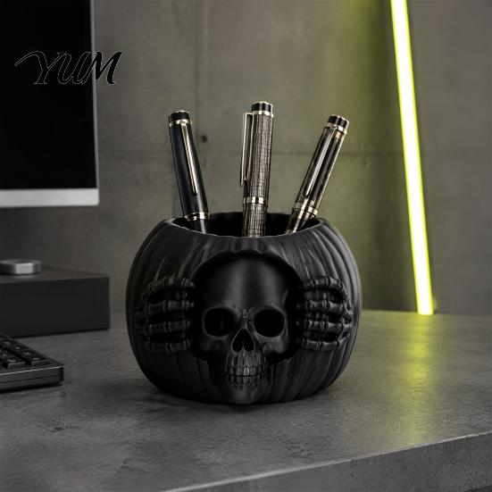 Decorative Pen Holder for Office Halloween Skull Pumpkin Holder, Gothic Pencil Cup, Spooky Autumn Desktop Decor Accessories Desk Organizer Party Home