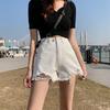 Classic and Minimalist Fashion with Black and Gray High-waisted Female Broken Holes Burlap A-line Thin Section Thin Outside Wearing Denim Shorts