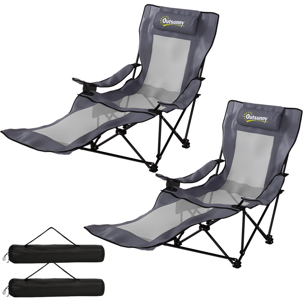 Set of 2 Camping Chairs Foldable Fishing Chair with Adjustable Backrest, Footrest, Cup Holder, Headrest, Dark Grey