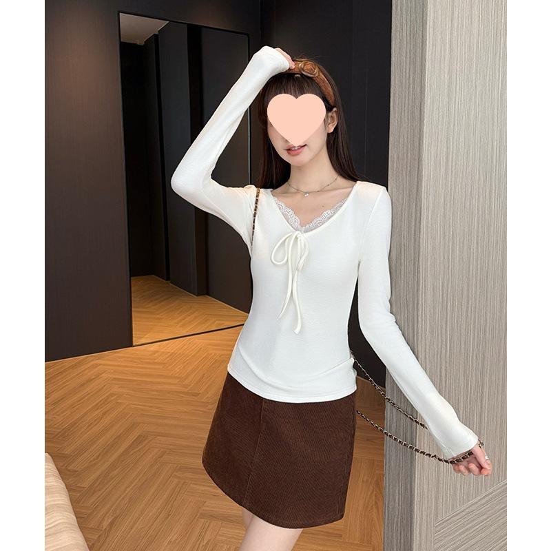 Women's Lace V-Neck Knit Top with Bow Tie - Long Sleeve, Autumn/Winter Design