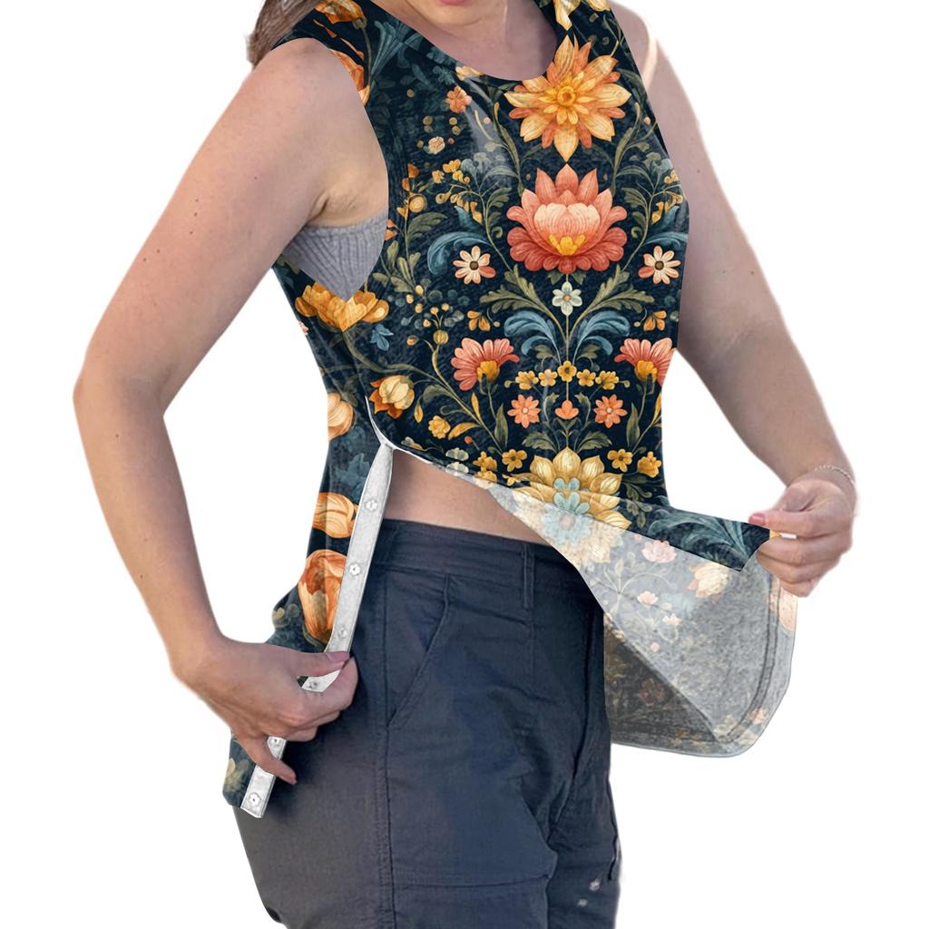 Women Shoulder Surgery Shirt Sleeveless Floral Print Top with Snap Buttons and Tear-Away Design Medical Recovery Apparel