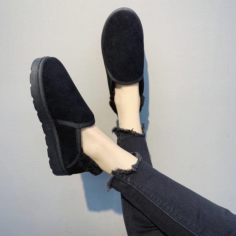 Fleece Autumn and Winter Casual Solid Color Average Size Low-top Flat Heel Round Head Suede Artificial Wool Black Women's Shoes