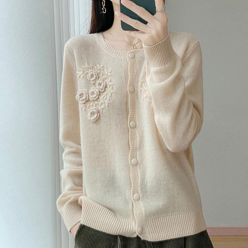 2025 Autumn French Chic 3D Round Neck Pure Wool Knit Cardigan