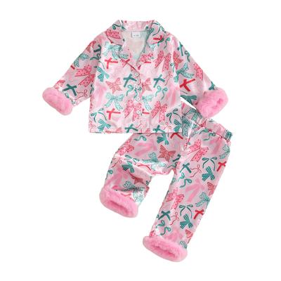 Baby Girl 2Pcs Christmas Pajamas Long Sleeve Bow Print Fur Cuff Shirt Pants Set Toddler Sleepwear