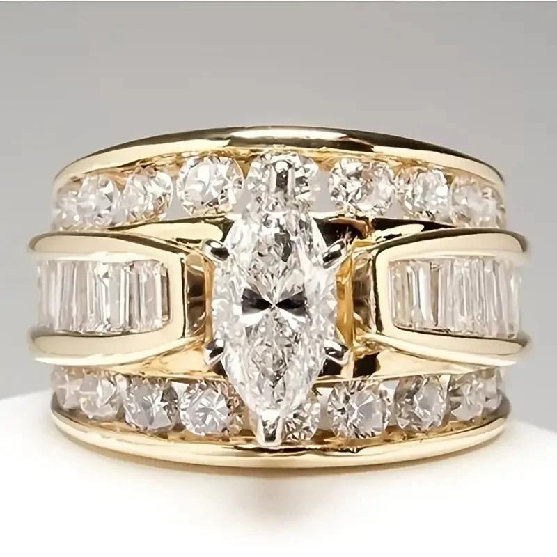 Gorgeous Three-Row White Zircon Engagement Rings Gold Color Party Anniversary Wedding Rings for Women