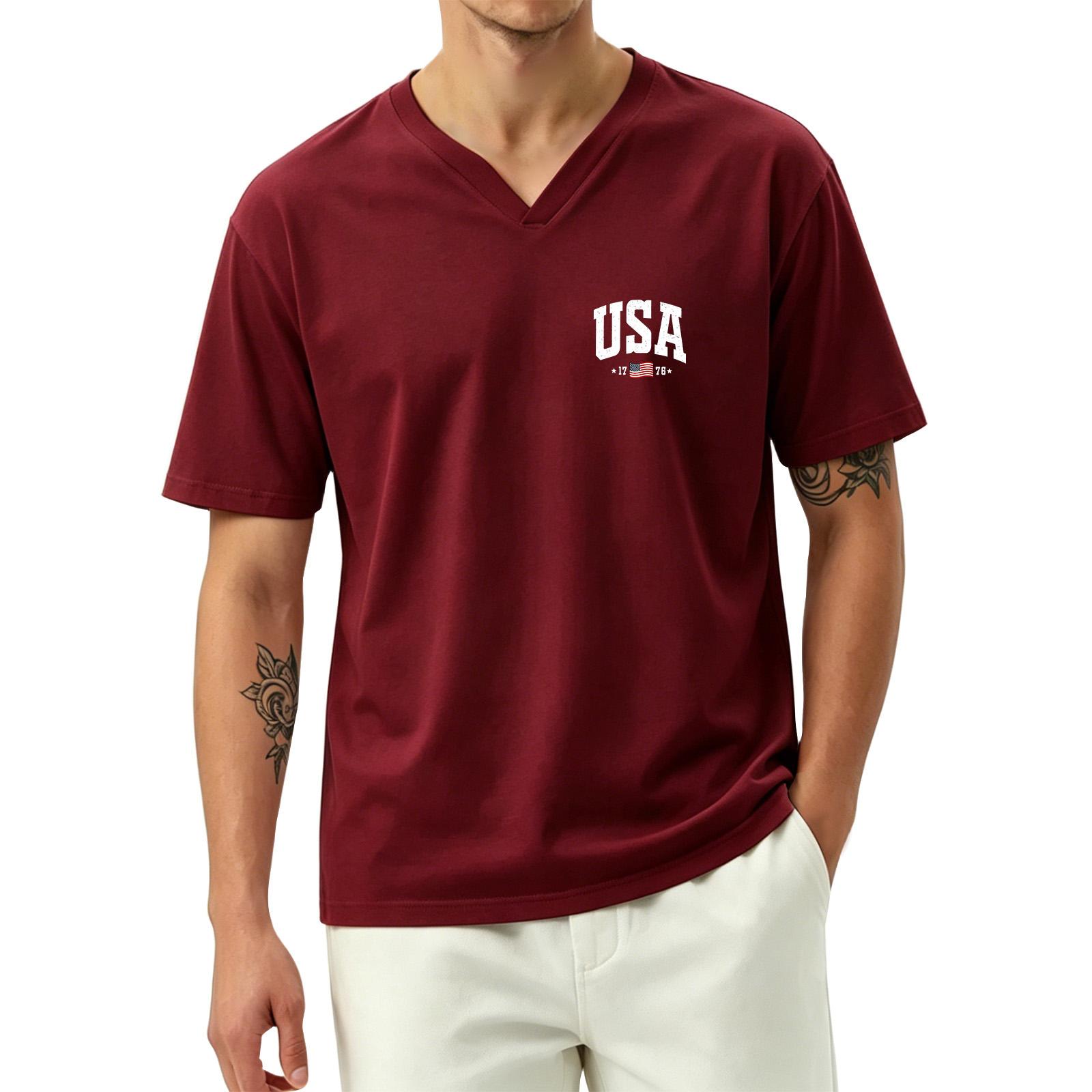 

Men V Neck Short Sleeve T Shirt USA Letter Print Casual Loose Fit Lightweight Top for Everyday Wear XL винний