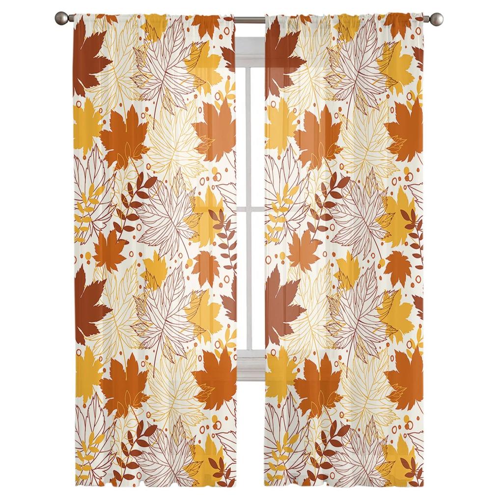 Jesienne Zasłony Tiulowe z Teksturą Liścia Klonu do Salonu Przezroczysta Zasłona do Sypialni Rolety Świąteczne Zasłony Woalowe