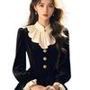 Elegant Retro Black Velvet Ruffle Dress - Autumn/Winter