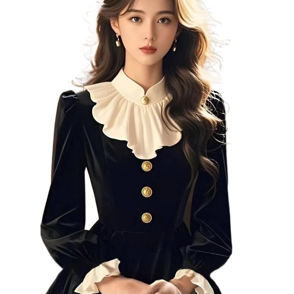 Elegant Retro Black Velvet Ruffle Dress - Autumn/Winter