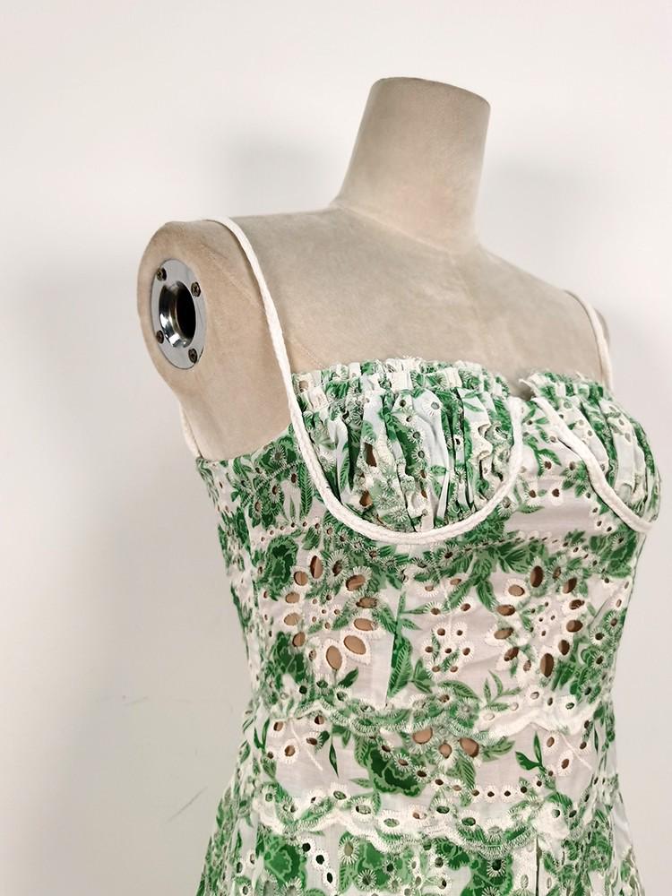 Vietnamese Designer Floral Embroidered Suspender Dress & Slim Split Long Skirt Set