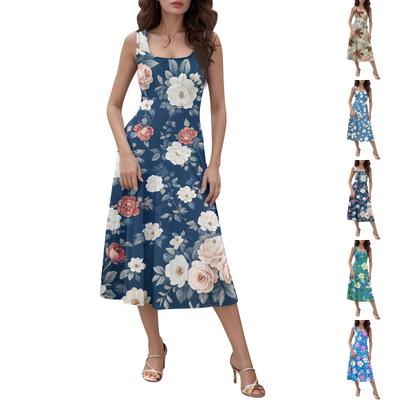 Women's Casual Fashion Round Neck Sleeveless Printed Side Pocket Midi Dress