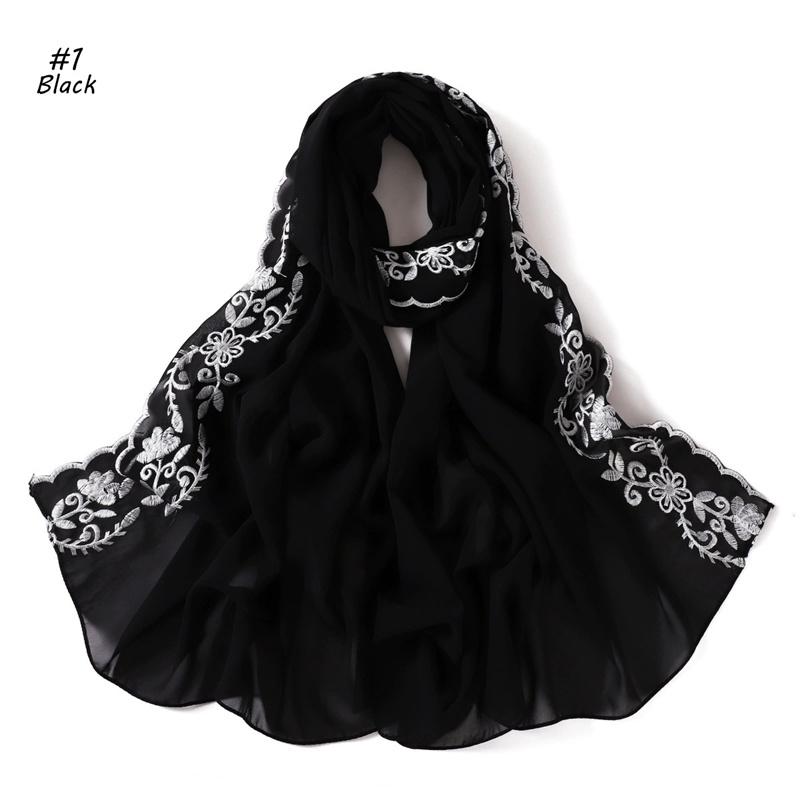 Fashion Embroider Lace Floral Bubble Chiffon Hijab Ramadan Solid Shawl Women Sunscreen Headscarf Outdoor Windproof Head Wrap