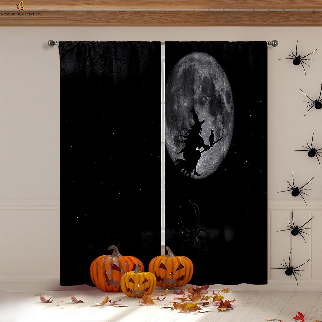 Halloween Decoration Curtains Horror Pumpkin Ghost Print Curtains High Quality Heat Insulation Blackout Curtains 2 Pieces