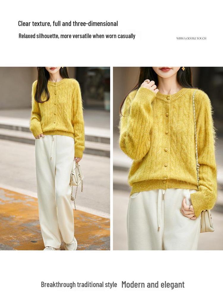 2026 Autumn/Winter Women's Cashmere Wool Cable Knit Cardigan - Brushed Yarn, Round Neck, Long Sleeve Sweater