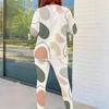 Women Plus Size Printed Round Neck Long Sleeve Top And Fitted Pants Two Piece Set