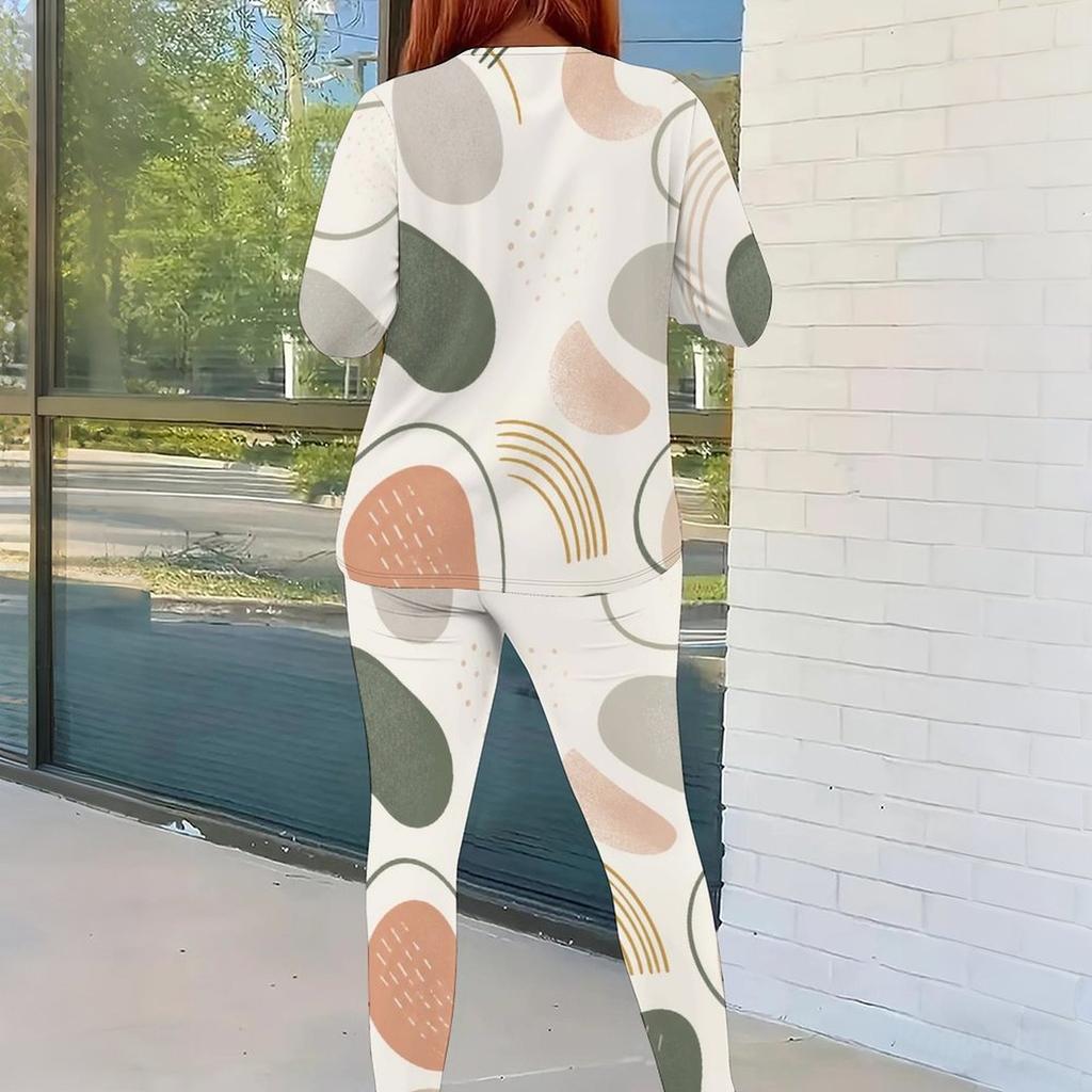 Women Plus Size Printed Round Neck Long Sleeve Top And Fitted Pants Two Piece Set