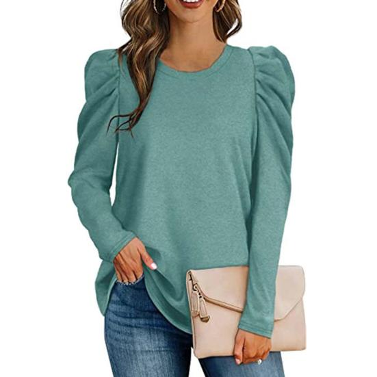 Rundhalsausschnitt Plissee Schulter Puff Lange Ärmel Damen Bluse Herbst Winter Einfarbig