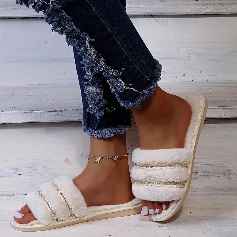 Módní Módní Hrubé Huňaté Ploché Pantofle pro Ženy Domácí Ploché Pohodlné Pantofle Žena Zimní Protiskluzové Sandály Odolné proti Opotřebení Ženské