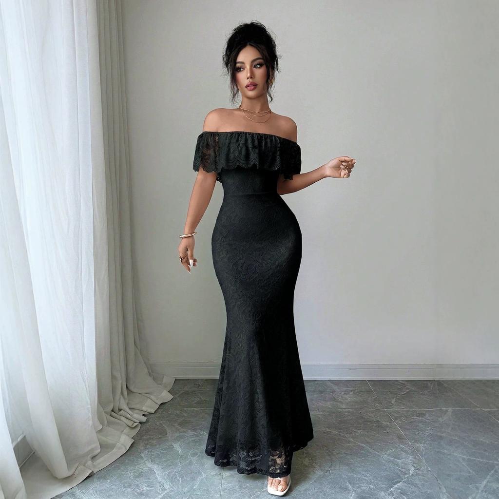 European and American autumn elegant one-word shoulder ruffle lace splicing long dress dress