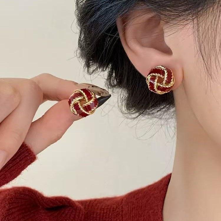 925 Silver Zodiac Concentric Knot Stud Earrings – Year of the Snake 2025 Red Earrings for Women, Light Luxury New Year Accessories