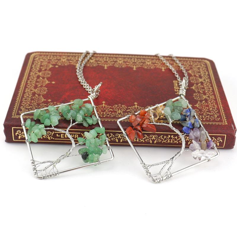 Wrapped Colorful Natural Stone Crystal Square Curved Tree Of Life Pendant Necklace N08 Fresh And Sweet