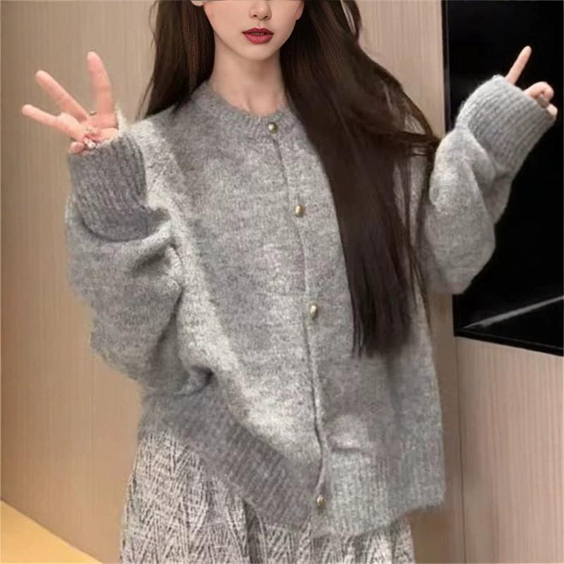 Womens Knit Cardigan Casual Loose Fit Versatile Outerwear Solid Color Long Sleeve Round Neck Single Breasted Wear