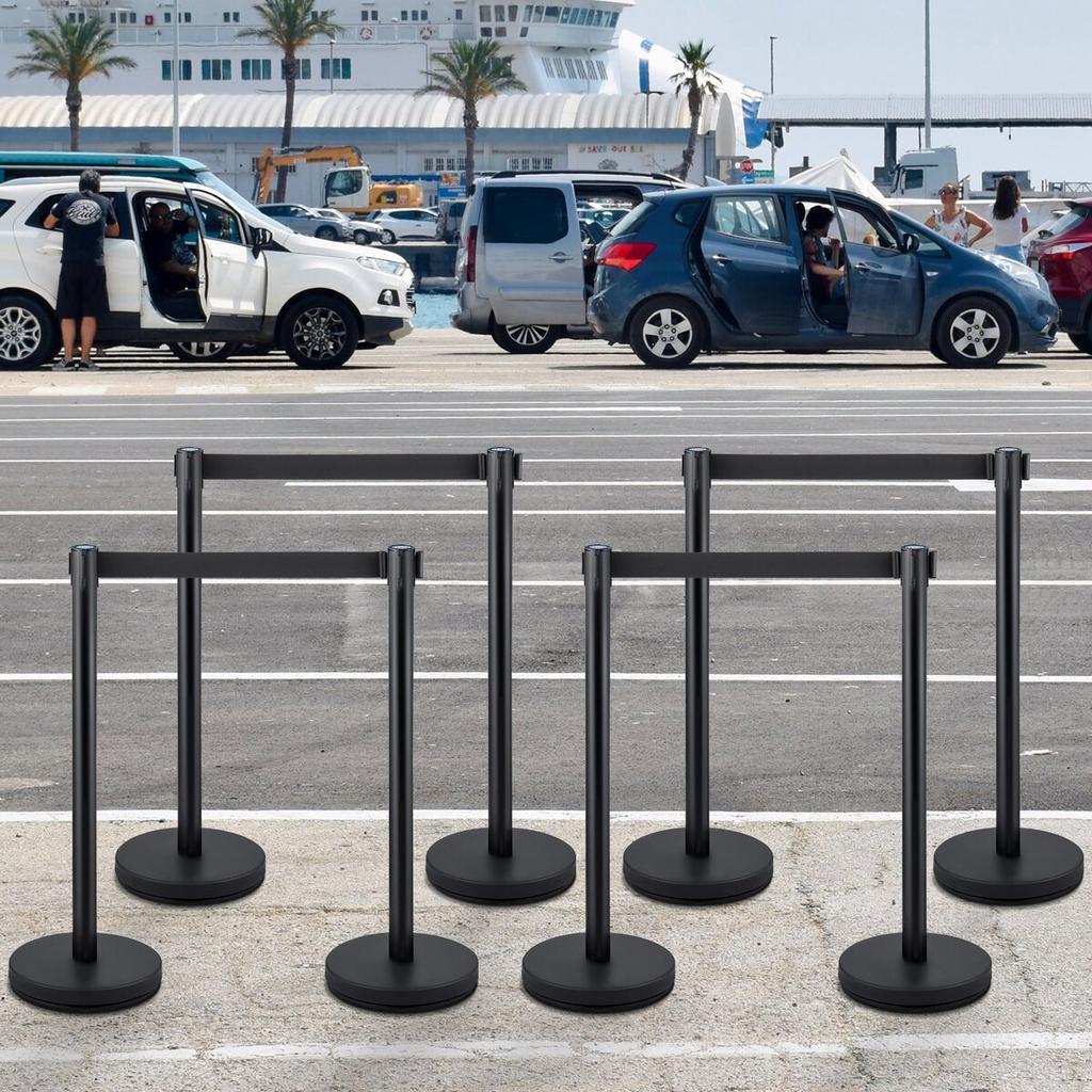 Crowd Control Stanchion, 8 Pieces Stanchion Set, with 6.6 ft/2 m Black Retractable Belt, Black Crowd Control Barrier w/Concrete and Metal Base, Easy