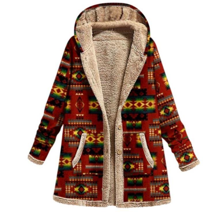 Retro Winter Fleece Hooded Jacket for Women Warm Long Loose Coat Plus Size Printed Outwear with Pockets