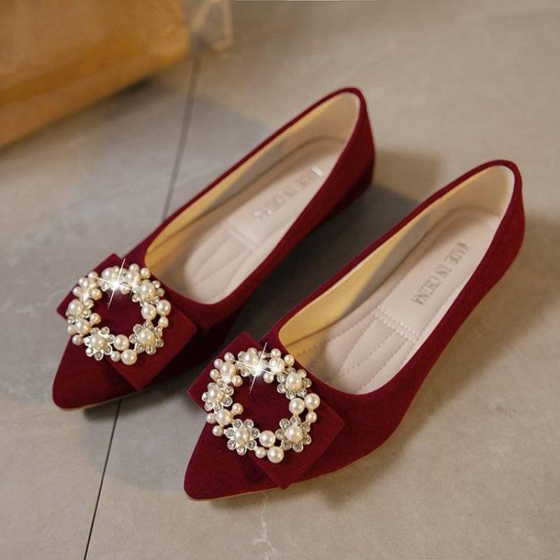 Ladies Footwear Wedding Bride Shoe Pointed Toe Red Women's Flat Shoes Pearl Chic and Elegant Vacation Summer 2025 Luxury Brand