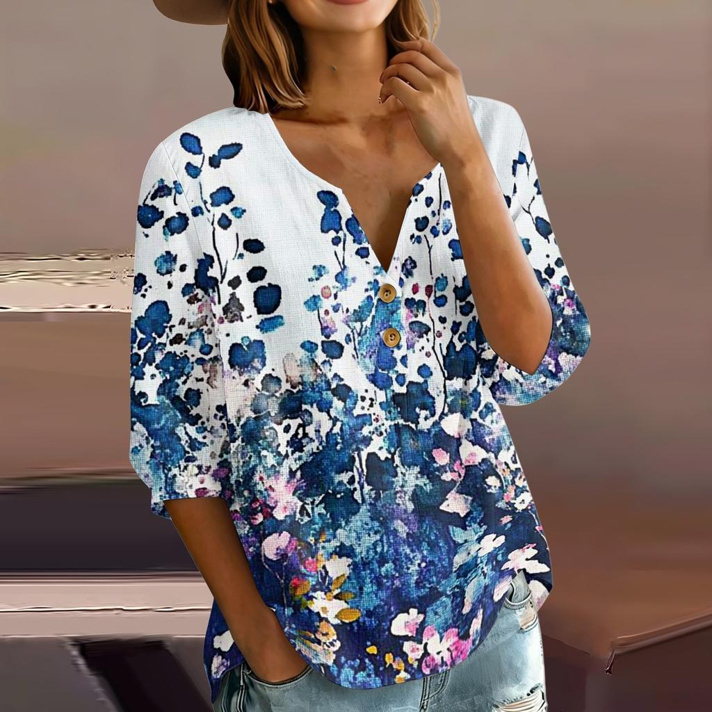Women Henley Neck Button Front Floral Print Shirt Three Quarter Sleeve Cotton Linen Casual Loose Fit Blouse Top