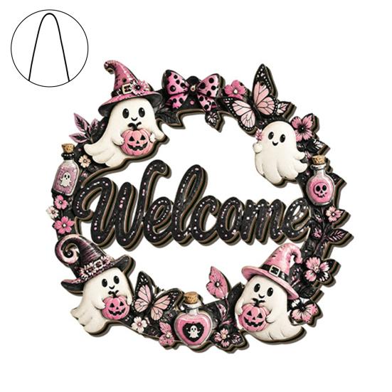 Durable Door Sign for Porch Halloween Pumpkin Ghost Wooden Welcome Hanger Sign, Cute Wall Ornament with Bell Front Hanging Rope, Decor Indoor Outdoor