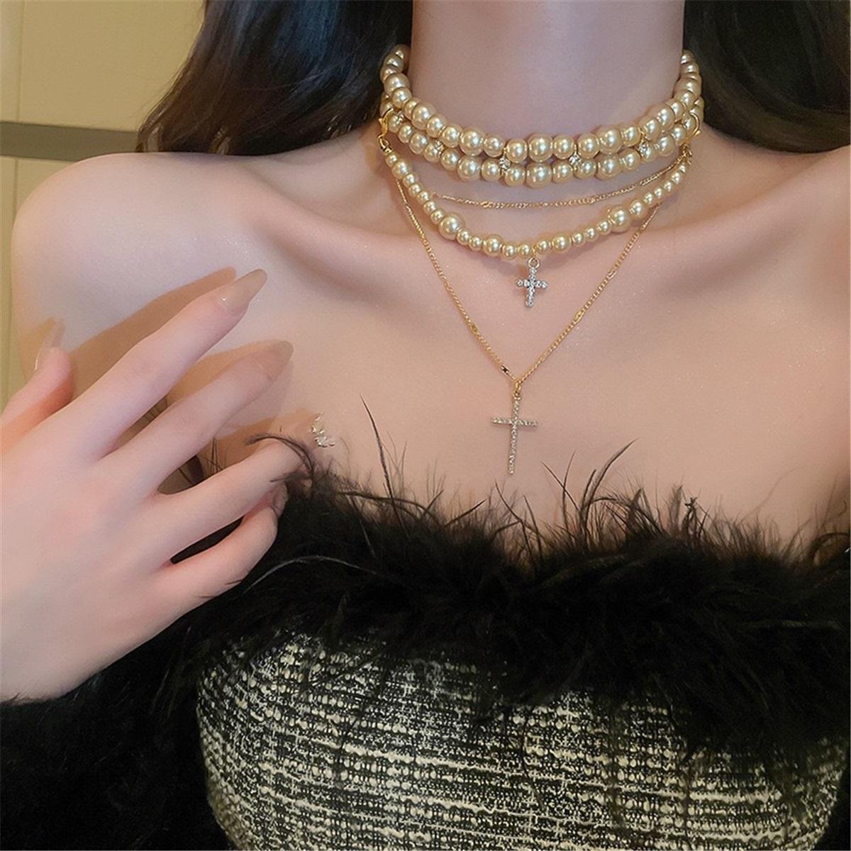 

Tooxika Luxury Niche Design Layered Pearl Cross Pendant Necklace Choker Collarbone Chain