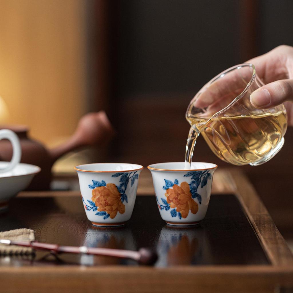 Guanlan Hand-Painted Peony Ceramic Tea Cup, Single Kung Fu Master Cup for Personal or Guest Use