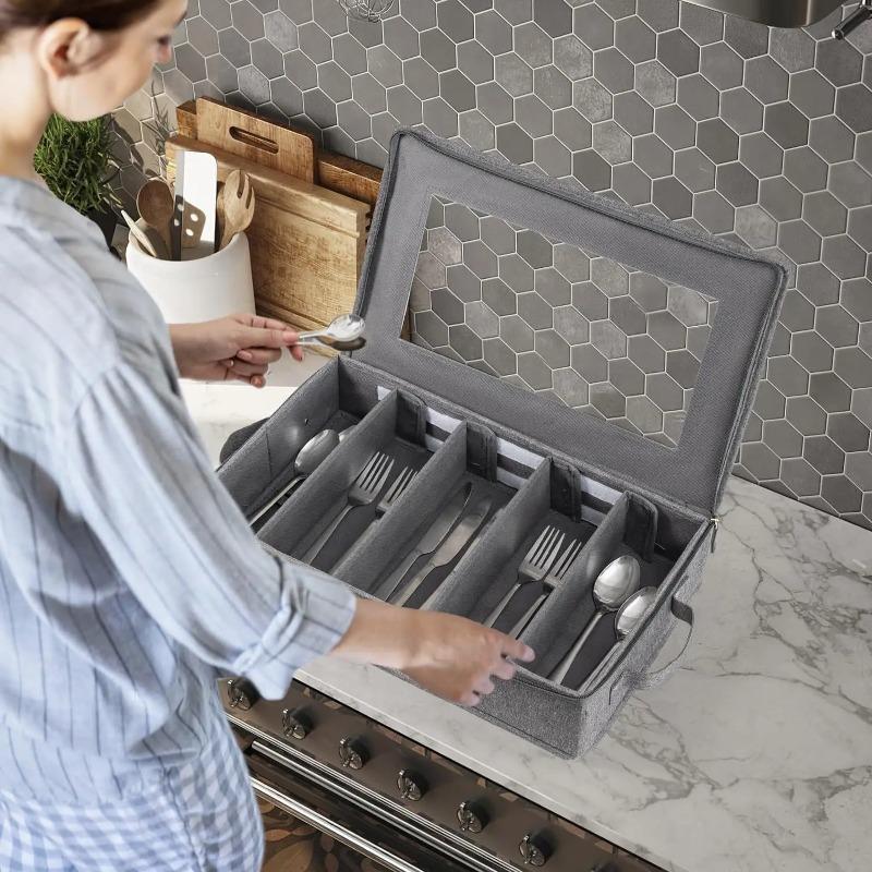 5 Compartment Flatware Organizer with Zipper Lid Cutlery Storage Box for Spoon Fork Knives Tableware Silverware Organizer