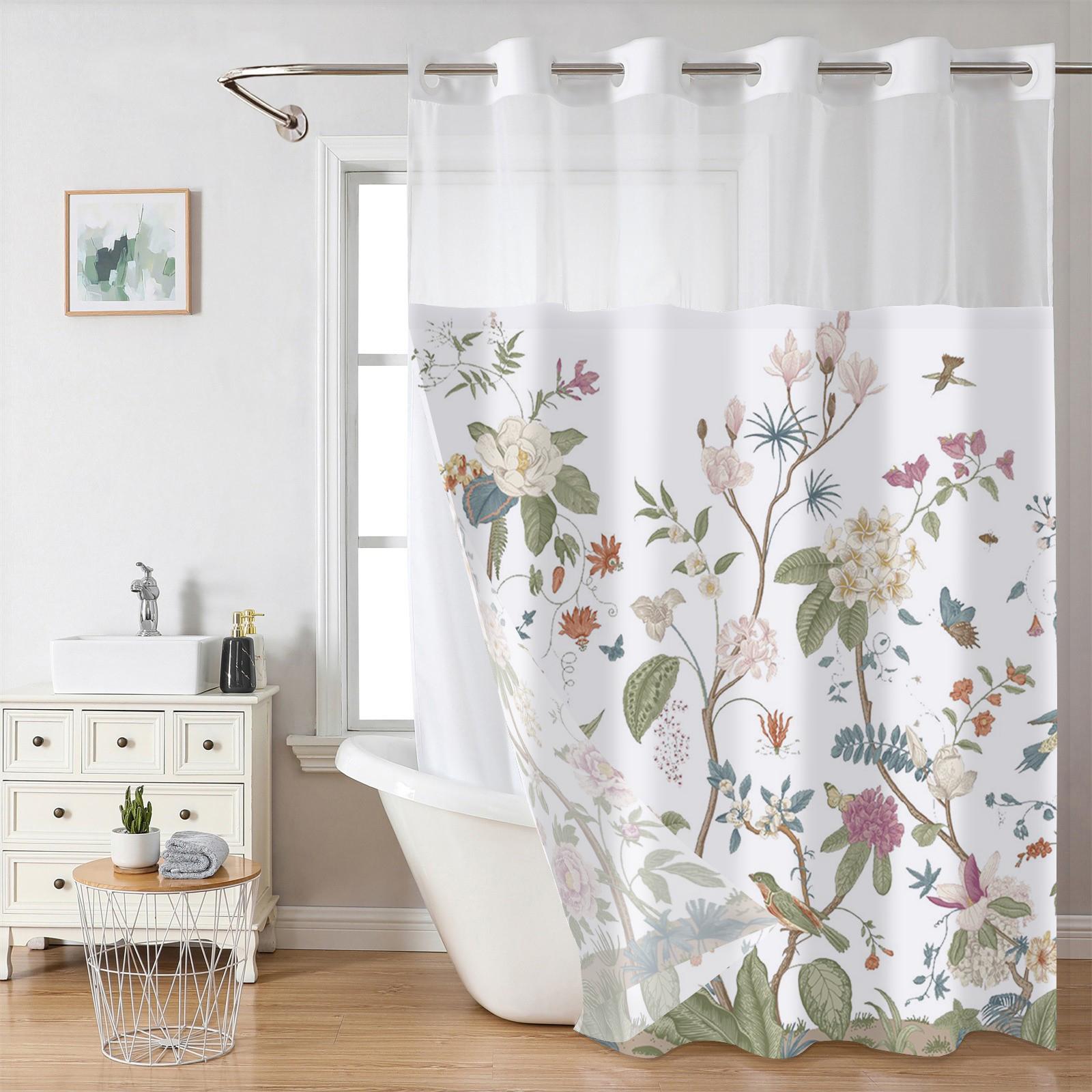 

Шторка для душа с цветочным узором без крючков, с тканевой подкладкой на кнопках, прозрачным верхом-окном, водонепроницаемая двухслойная занавеска для ванны 180X188cm синий