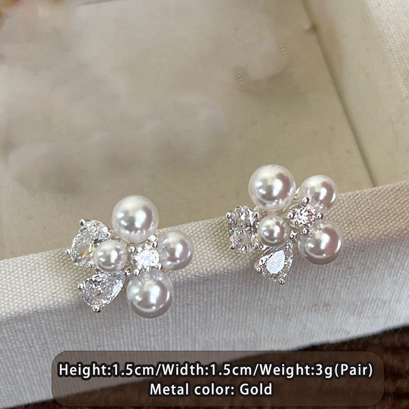 

French Elegant Pearl Zircon Splicing Flower Stud Earrings 2026 New Design Party Jewelry Elegant Accessories for Women and Girls