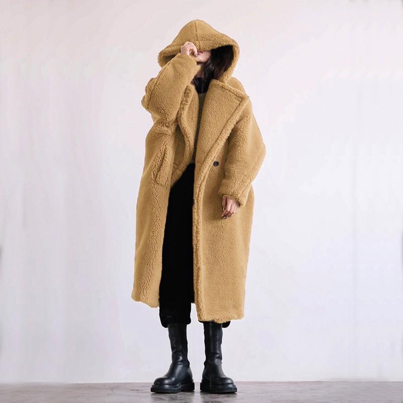 Womens Mid-Long Faux Fur Hooded Coat Fashionable Casual Winter Outerwear Street Style
