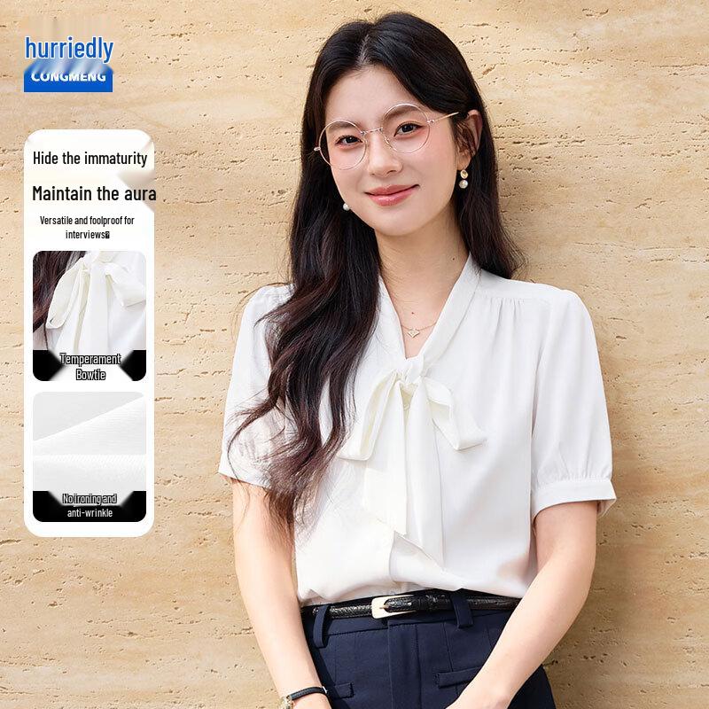 

Women s V-Neck Ribbon Bow-knot Short Sleeve Blouse S