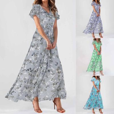 Damen Swing Langes Kleid Chiffon Blumen Kurzarm Rüschen V-Ausschnitt Mode Taille Fließendes Kleid